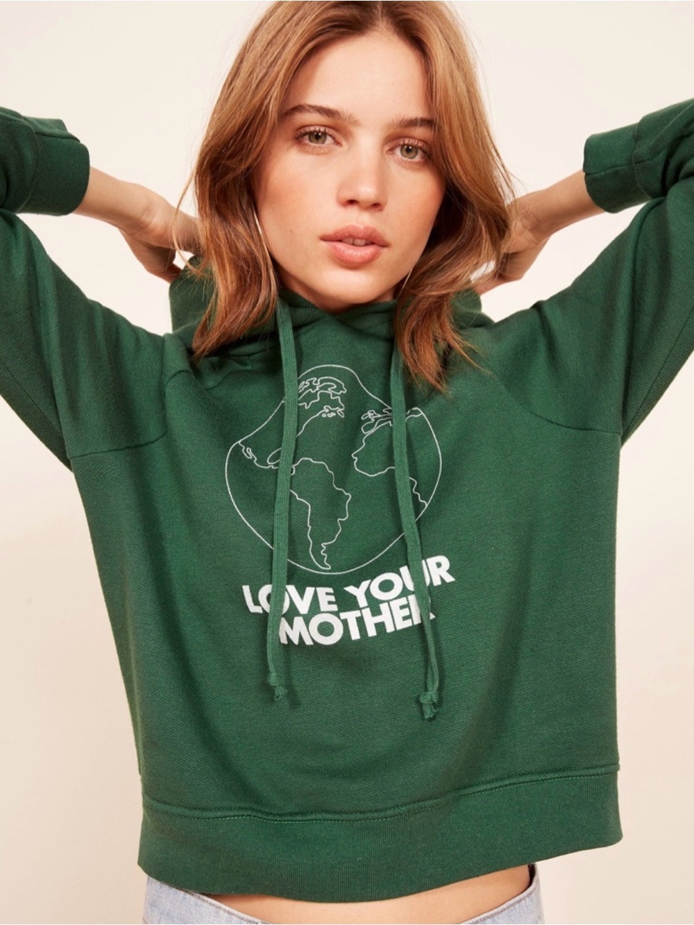 Reformation Dark Green 'Love Your Mother' Scoop Neck Sweatshirt